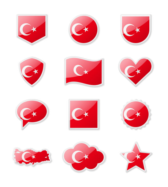土耳其-一套不同形状的国家国旗贴纸。图片下载