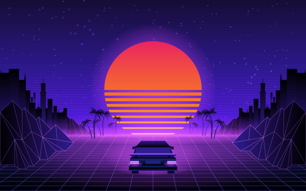 80年代复古科幻背景。矢量复古未来主义合成复古波浪插图在80年代海报风格。适用于任何80年代风格的印刷设计。图片下载