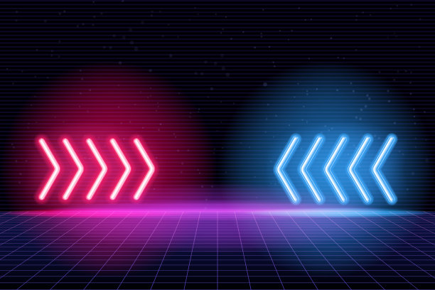 未来科幻箭头形状的霓虹灯管充满活力的紫色和蓝色发光的灯在3d倾斜的空间反射在空空间矢量插图图片下载