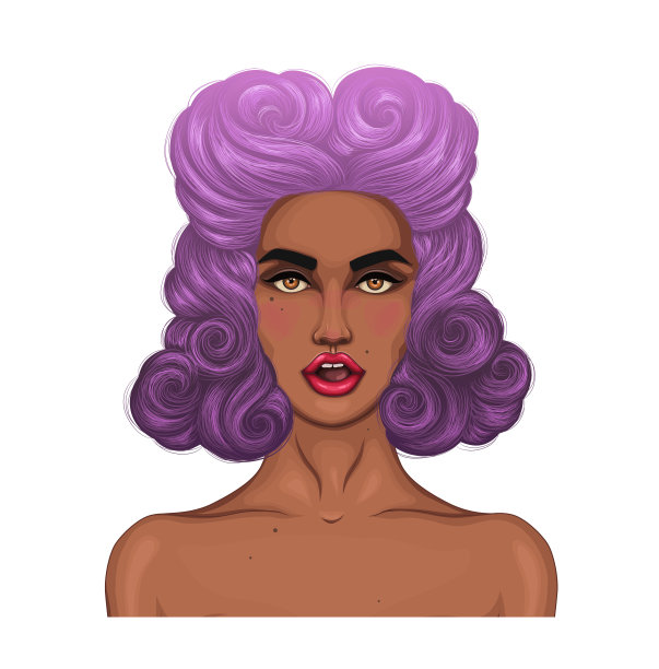 矢量彩色肖像震惊pin up女孩张开的嘴惊讶。拥有洁净健康肌肤的美女。复古发型的时尚模特，紫色和紫色波浪头发。设计印花在t恤上孤立的白色背景图片下载