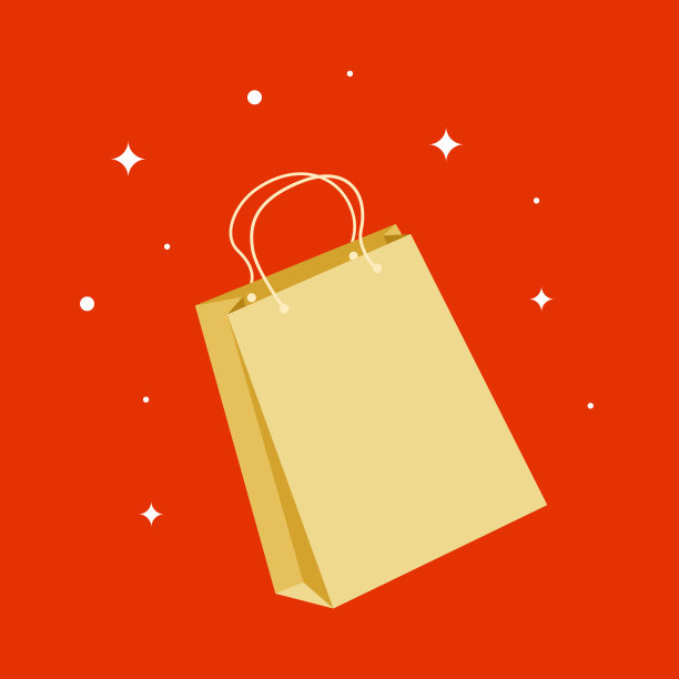 红色背景的纸袋，周围有雪和闪亮的星星:圣诞购物图片下载