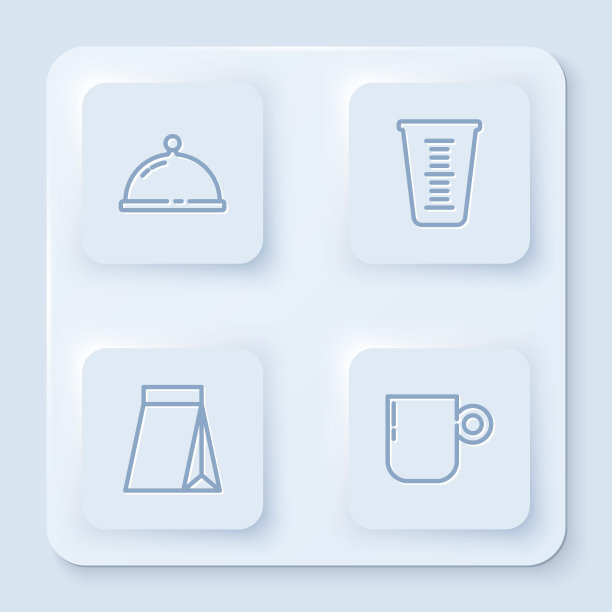 设置线覆盖托盘的食物，测量杯，袋咖啡豆和咖啡。白色正方形按钮。向量图片下载