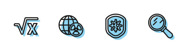 设置线盾保护病毒，平方根x字形，行星地球和辐射和放大镜图标。向量图片下载