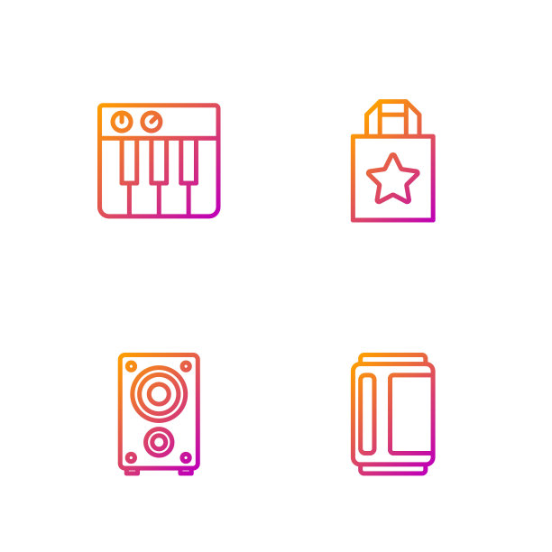 集啤酒罐、音响、音乐合成器、购物袋于一体。渐变颜色图标。向量图片下载