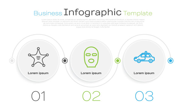 集合六号线警长，面具贼，警车和闪光器。业务信息模板。向量图片下载