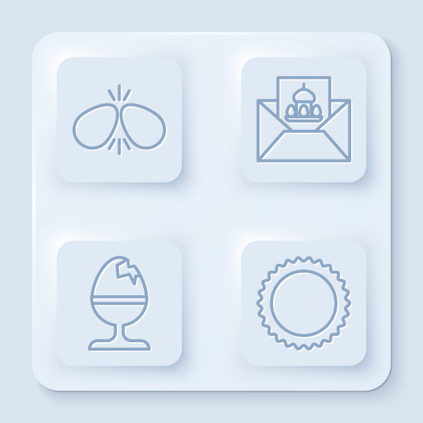 设置线复活节彩蛋，贺卡与快乐的复活节，鸡蛋在一个立场和太阳。白色正方形按钮。向量图片下载