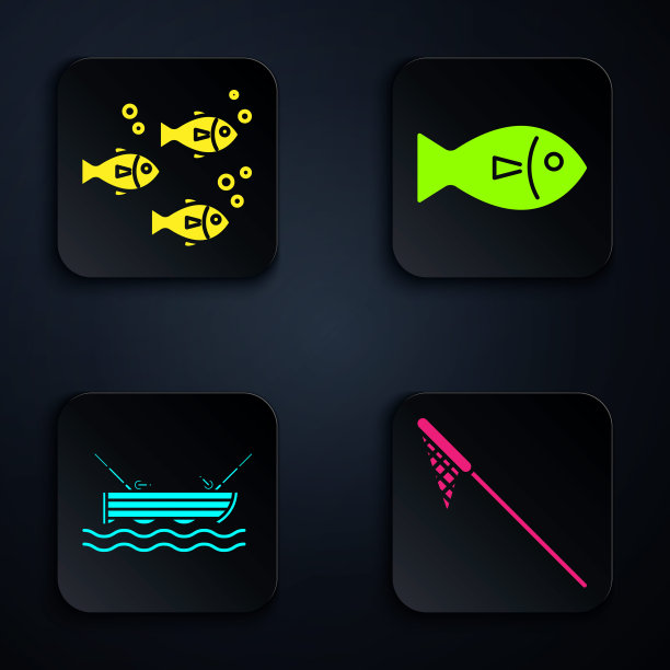 将渔网、鱼、带钓竿的渔船放在水上和鱼。黑色方形按钮。向量图片下载