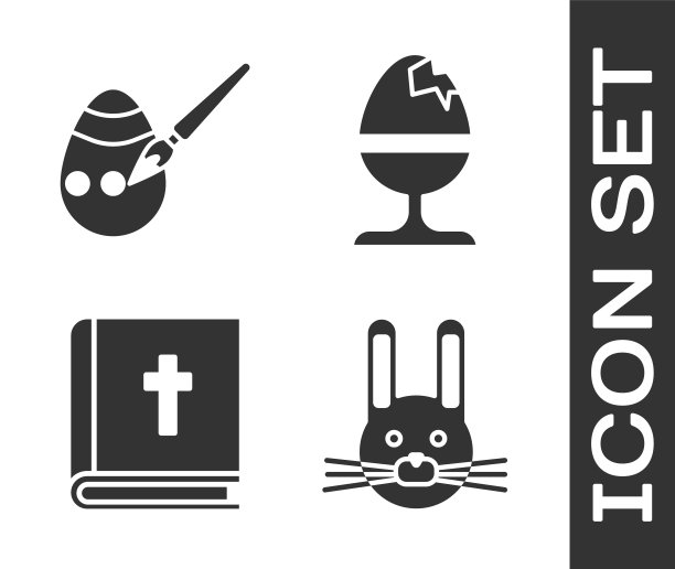 设置复活节兔子，复活节彩蛋和画笔，圣经书和鸡蛋的立场上的图标。向量图片下载