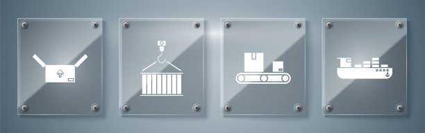 提供货运船带箱运输服务，输送带带箱运输服务，集装箱吊运服务，纸箱运输服务。方形玻璃面板。向量图片下载