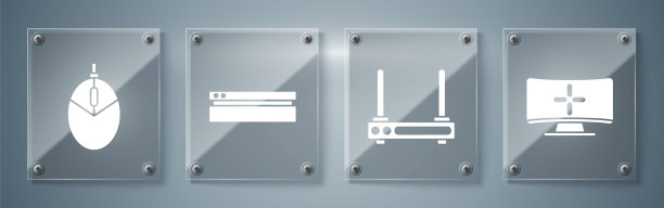 设置电脑显示器，路由器和无线信号，电子游戏机和电脑鼠标游戏。方形玻璃面板。向量图片下载