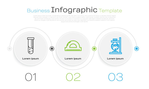 设有试管和烧瓶化学实验室，量角器网格测量度量衡，玻璃试管烧瓶着火。业务信息模板。向量图片下载