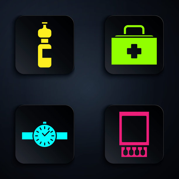 设置打开火柴盒和火柴，一瓶水，手表和急救箱。黑色方形按钮。向量图片下载