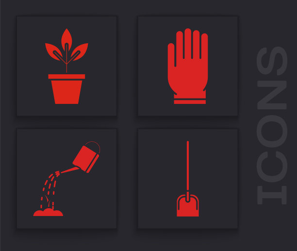 设置铲子，花盆里的花，花园手套和水图标洒水罐。向量图片下载