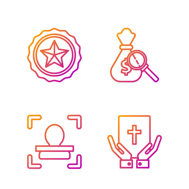 《圣经》上的誓言、人脸识别、警徽、钱袋和放大镜。渐变颜色图标。向量图片下载