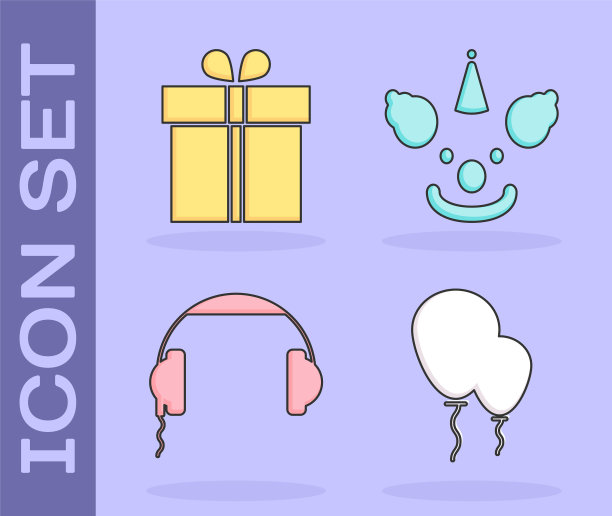 设置气球与丝带，礼品盒，耳机和小丑头图标。向量图片下载