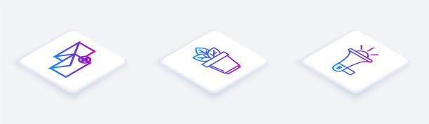 设置等距线信封，花盆花和扩音器。白色正方形按钮。向量图片下载