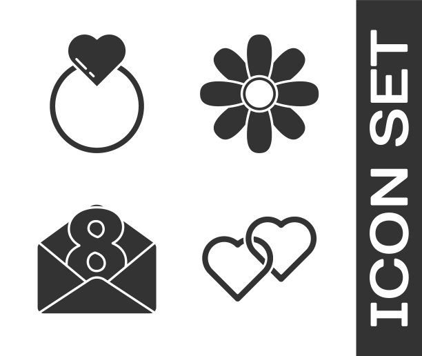 集两个相连的心，结婚戒指，信封与3月8日和花的图标。向量图片下载