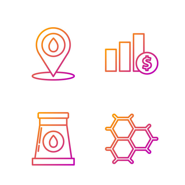 化工配方由苯环、油气工业厂房、加油位置及饼图信息图及美元组成。渐变颜色图标。向量图片下载