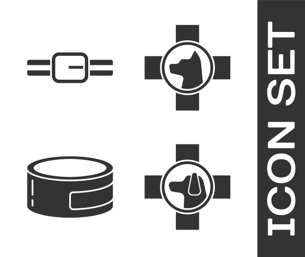 设置兽医诊所标志，带姓名标签的衣领，罐头食品和兽医诊所标志图标。向量图片下载