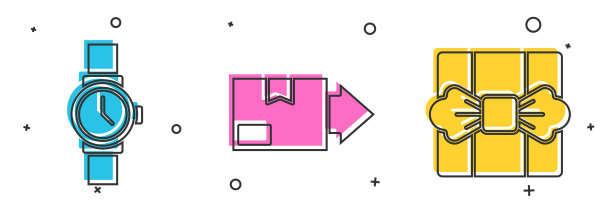 设置腕表、纸箱和礼品盒图标。向量图片下载