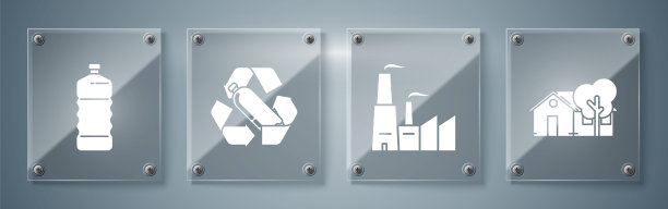 集环保住宅，工厂，塑料瓶，塑料瓶回收。方形玻璃面板。向量图片下载