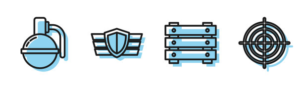 设置线军事弹药盒，手雷，军事奖励奖章和目标运动射击比赛图标。向量图片下载