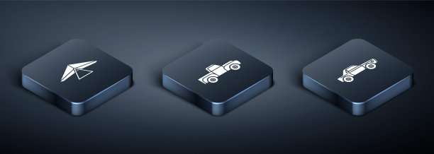 设置等距悬挂滑翔机，轿车和皮卡图标。向量图片下载