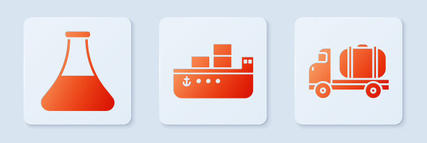 设置油船、汽油试管、油车。白色正方形按钮。向量图片下载