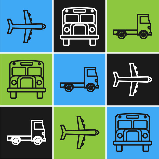 设置直线平面、货运卡车和校车图标。向量图片下载