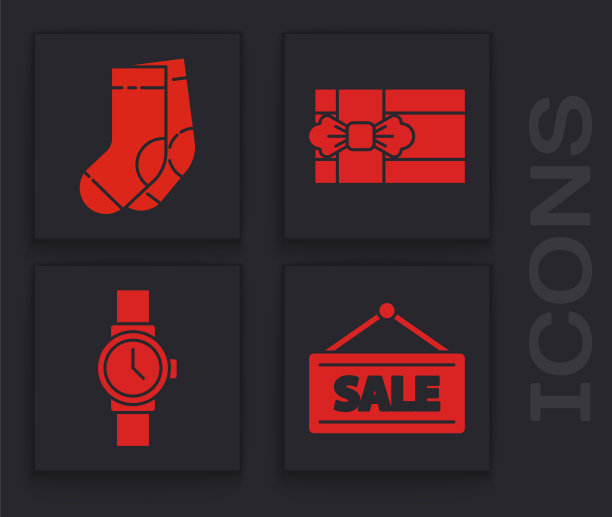 设置悬挂标志与销售，袜子，礼品盒和腕表图标。向量图片下载