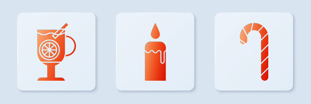 将燃烧的蜡烛放在烛台上，热红酒配上一杯饮料，圣诞条纹糖果棒。白色正方形按钮。向量图片下载