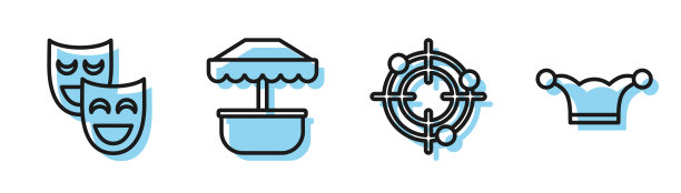 设定线目标运动射击比赛，喜剧戏剧面具，吸引力旋转木马和小丑帽子与铃铛图标。向量图片下载