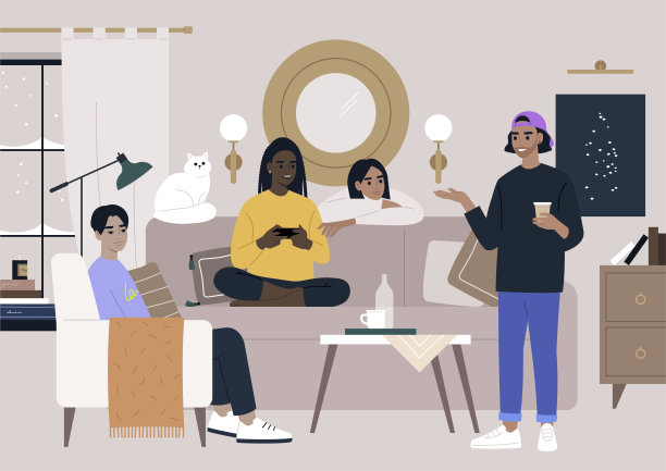 一群朋友聚在客厅里，和邻居们开乔迁派对图片下载