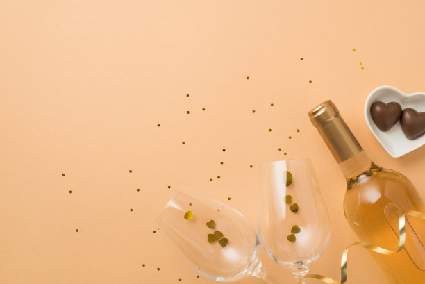 俯视图照片的情人节装饰心形碟子与巧克力糖果酒瓶，两个葡萄酒杯与五彩纸屑和亮片在孤立的粉彩米色背景copyspace图片下载