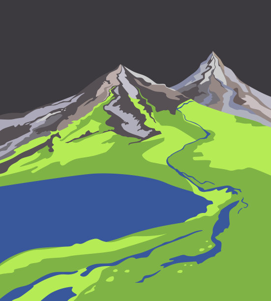 山的风景。风格化的图像山，绿色的草地，山湖和河流，平坦的矢量插图图片下载