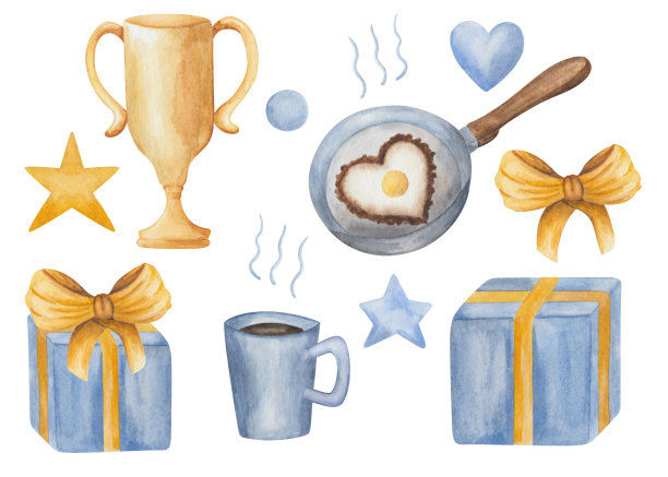 手绘蓝色礼盒水彩插画，咖啡杯，金奖杯，心形煎蛋锅。孤立在白色剪贴画的问候明信片的元素集图片下载