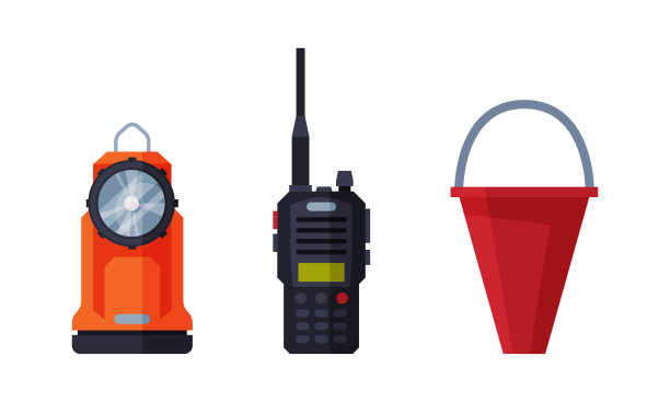 红色消防桶和对讲机作为消防设备向量集图片下载