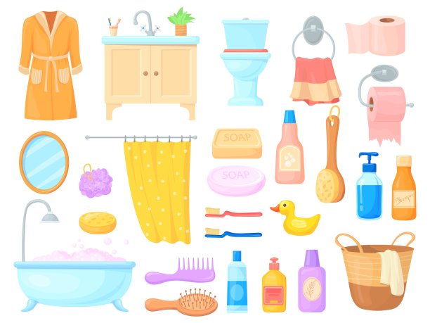 浴室配件卡通。沐浴配件肥皂牙刷水槽毛巾梳子梳子头发浴衣海绵洗发水，浴缸淋浴家具，卫生间设备，整洁的矢量插图图片下载