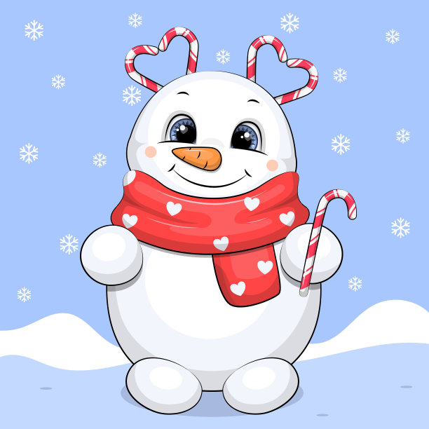 可爱的卡通雪人带着红围巾和棒棒糖。图片下载