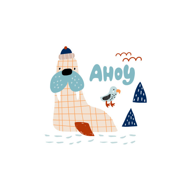 创意海象渔夫被隔离在白色印花上。北欧动物孩子气矢量插图图片下载