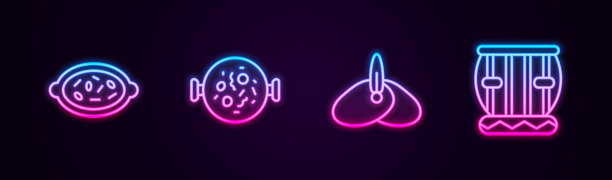 在碗里放好咖喱鸡，印度头巾和手鼓。发光的霓虹灯图标。向量图片下载