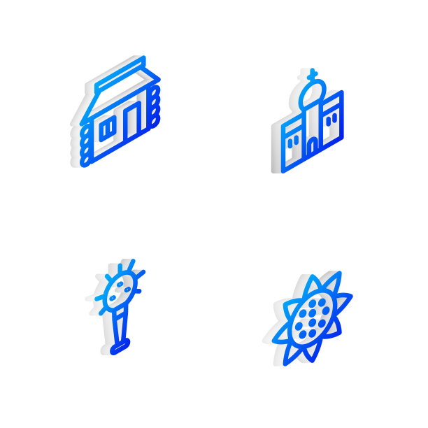 设置等距线教堂建筑，乌克兰房屋，权杖和向日葵图标。向量图片下载