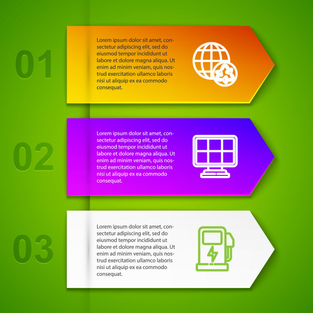 设置线路行星地球和回收，太阳能电池板，电动汽车充电站和LED灯泡。业务信息模板。向量图片下载