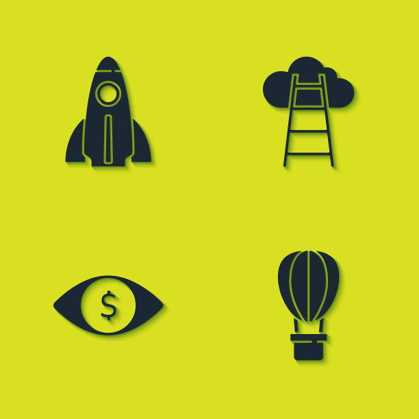 设置启动项目概念，热气球，眼睛与美元和楼梯完成旗图标。向量图片下载