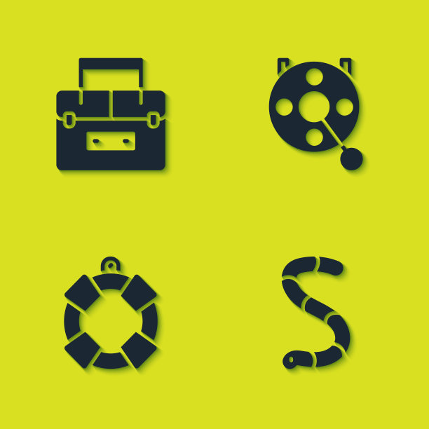 为摆动杆、蜗杆、救生圈和卷筒钓鱼图标设置箱形容器。向量图片下载