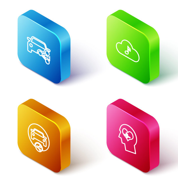 设置等距线汽车共享，音乐流媒体服务，头部与心跳图标。向量图片下载