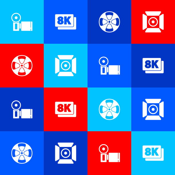 设置电影院相机，8k超高清，电影卷轴和电影聚光灯图标。向量图片下载