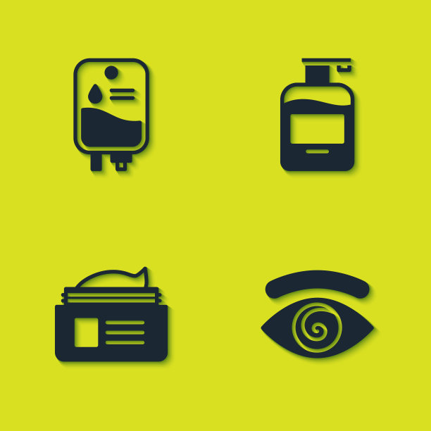 设置输液袋，催眠，药膏管和液体肥皂的瓶子图标。向量图片下载