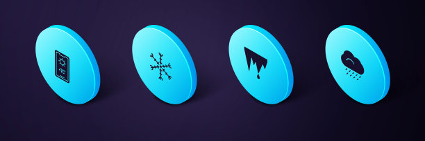 设置等距云与雨，冰柱，雪花和天气预报图标。向量图片下载