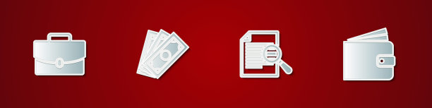 设置公文包，叠纸钱现金，文件搜索和钱包图标。向量图片下载